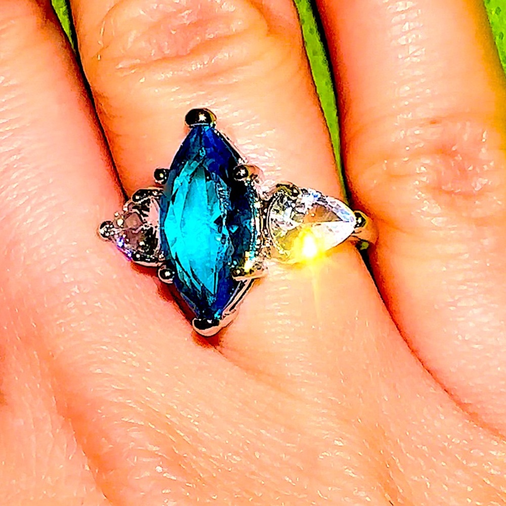 Aquamarine Zirconia and White Diamond Ring